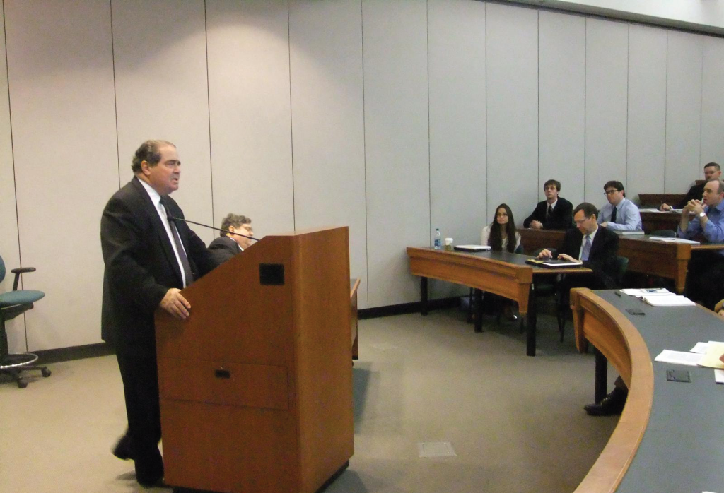 Supreme Court Justice Antonin Scalia guest lectures a Constitutional Law class of CUA in February of 2013.