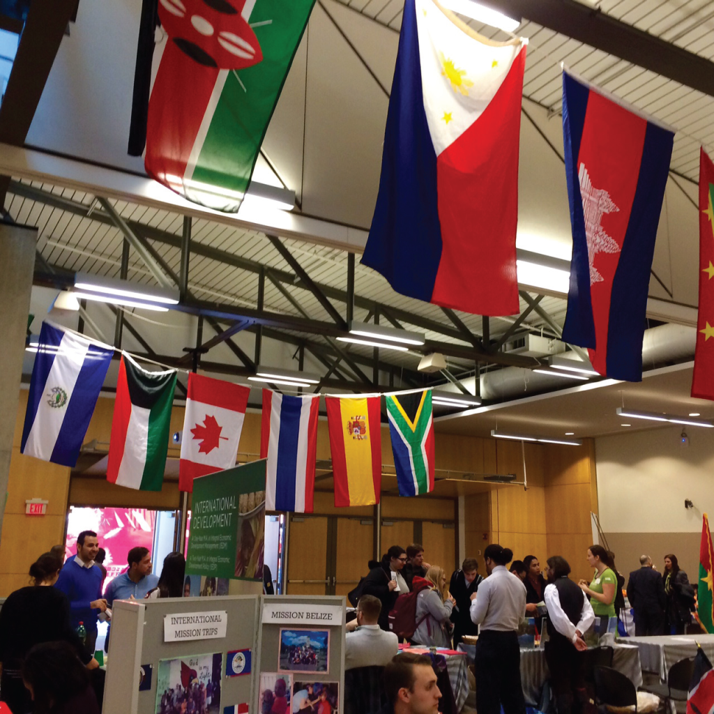 Students gather in the Pryzbyla Great Rooms to celebrate International Week with cultural food and presentations. 