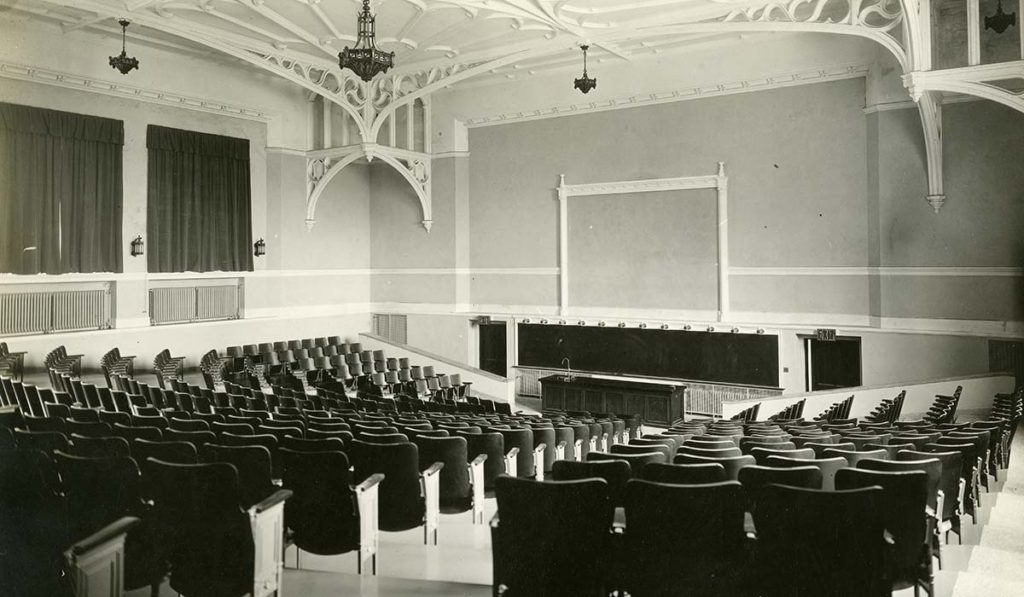 Maloney Hall auditorium in its early years of operation. It is now being prepared for renovations. 