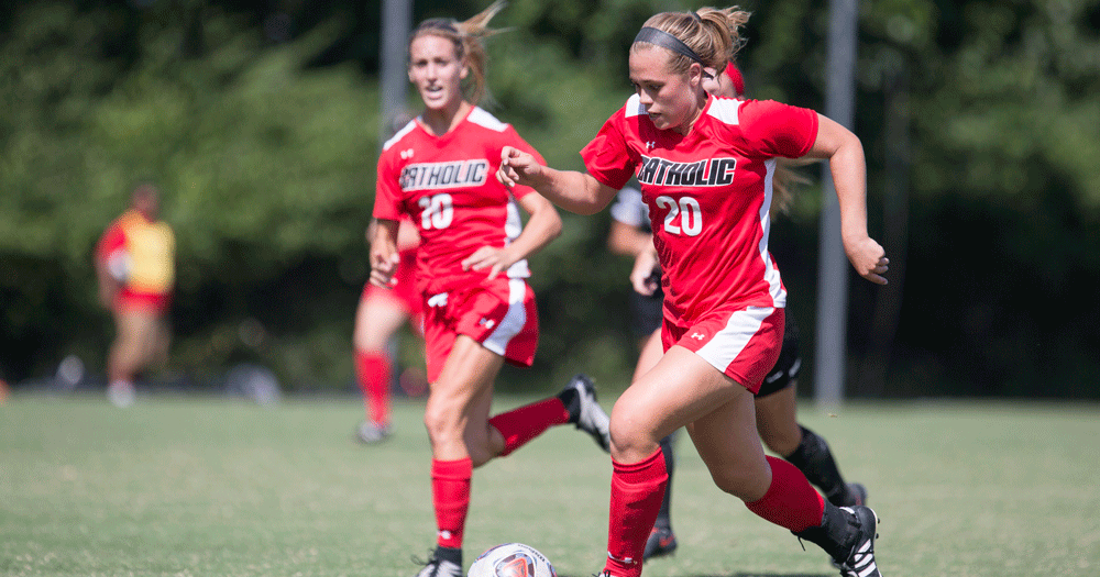 Sophomore midfielder Taylor Pisk pushes the ball up the field against Mary Washington. Courtesy of CUACardinals.com