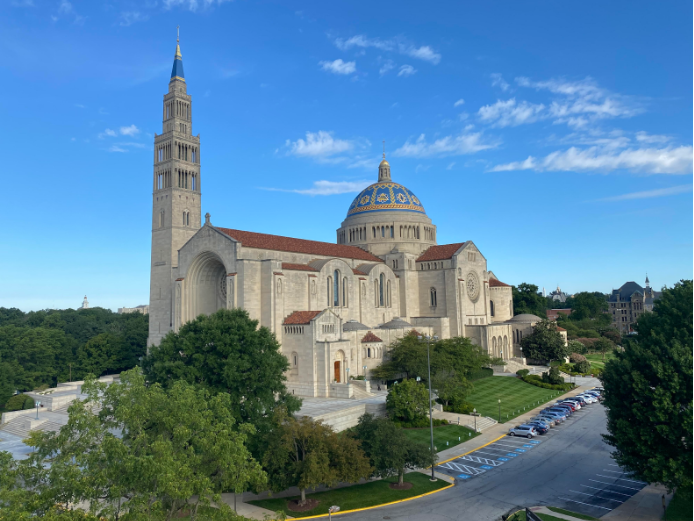 Aerial shot of the Basilica of the National Shrine of the Immaculate Conception