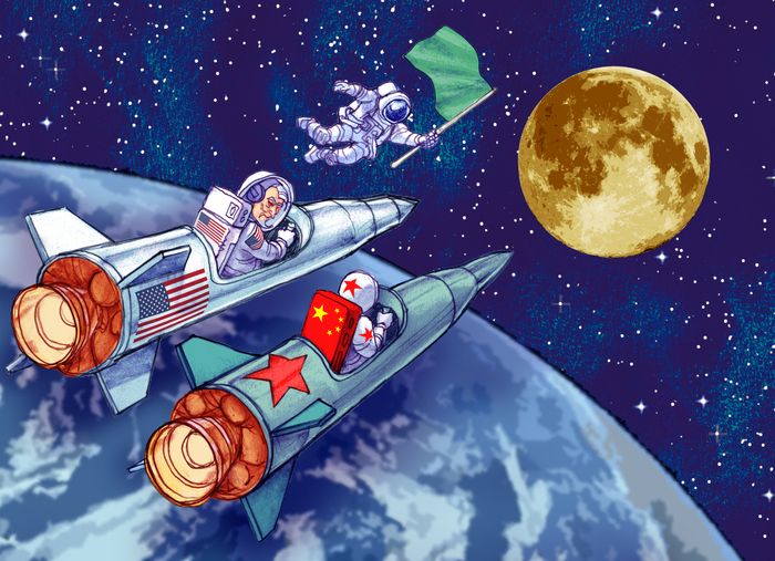 A cartoon image of two rocketships each with a usa and chinese flag on them. Astronauts sit in the ships facing the moon.